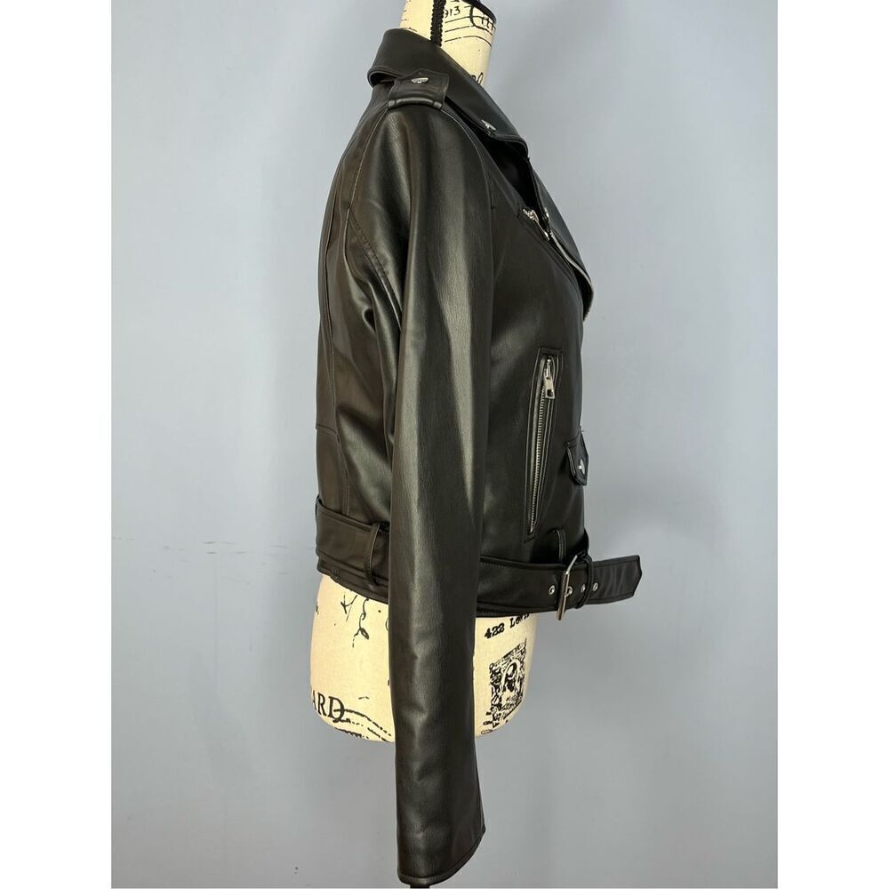 Zara US Medium Black Faux Leather Motorcycle Moto Jacket Pockets - Picture 3 of 13